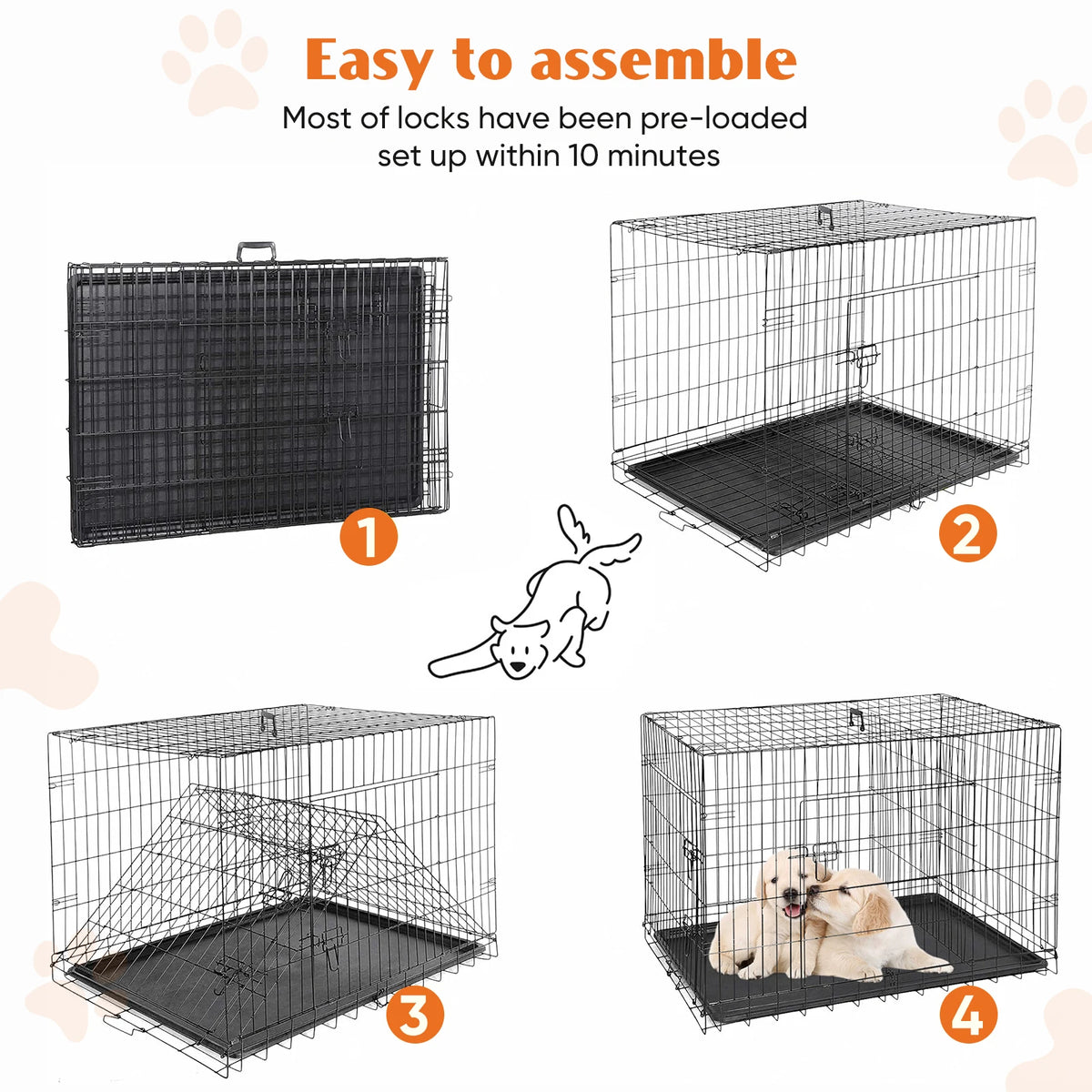 JHK Extra Large Double Door Dog Crate Folding Kennel With Leak Proof Tray For Dogs