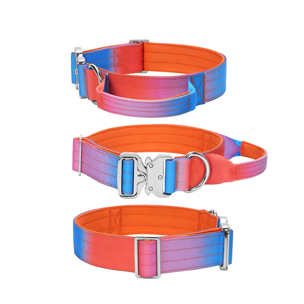 Tactical Dog Collar with Handle, Heavy‑Duty Nylon Adjustable Training Collar with Metal D‑Ring, Gradient Color for Medium to Large Dogs Outdoor Walking Hiking
