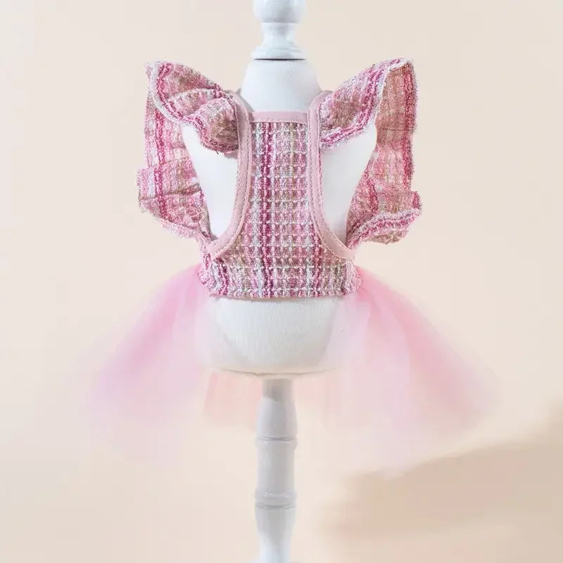 Plaid Pet Dress With Bow And Elastic Mesh Princess Costume