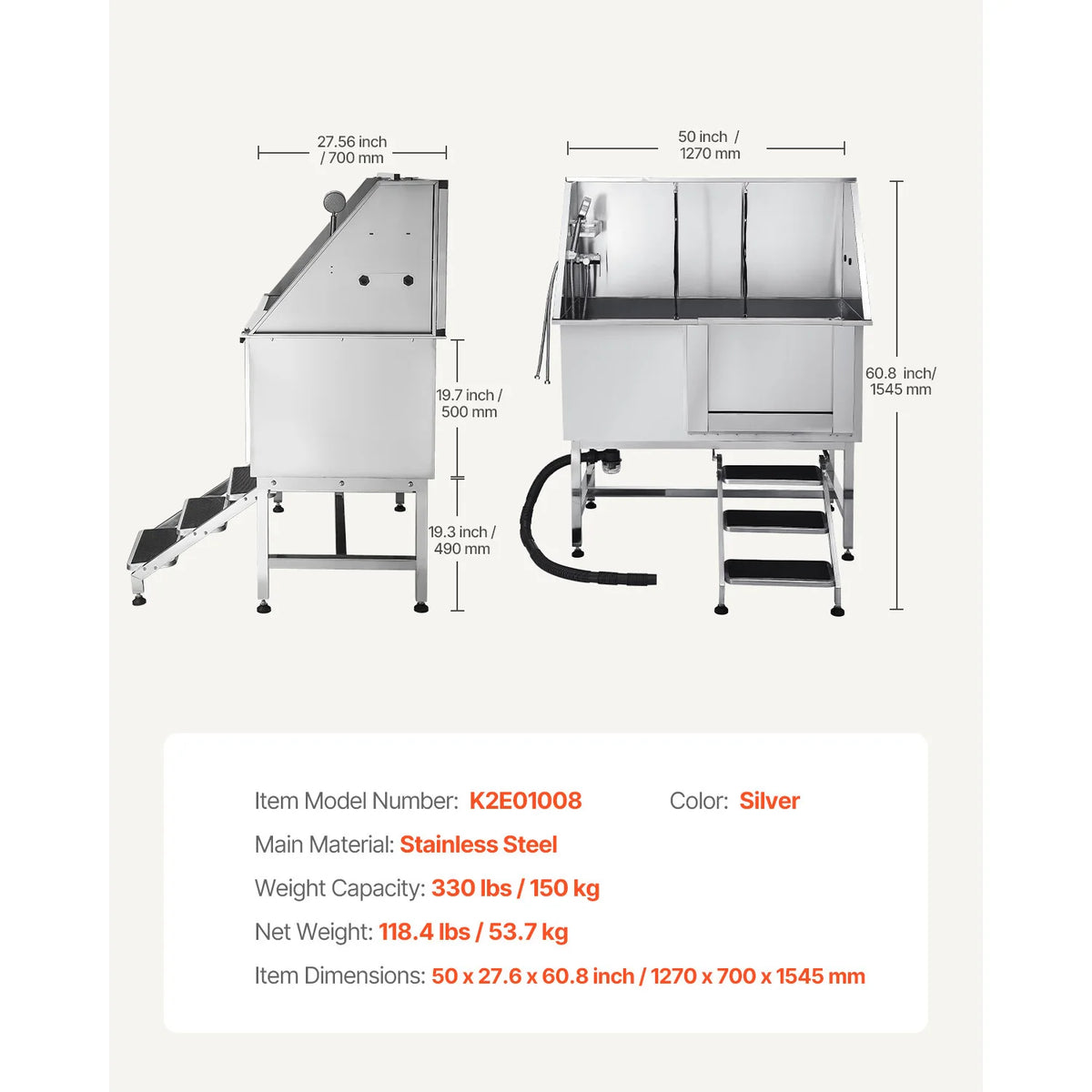 SucceBuy Stainless Steel Station Pet Tub w/ PE Water Faucet & Showerhead & Soap Bathtub to Large & Medium & Small Pets