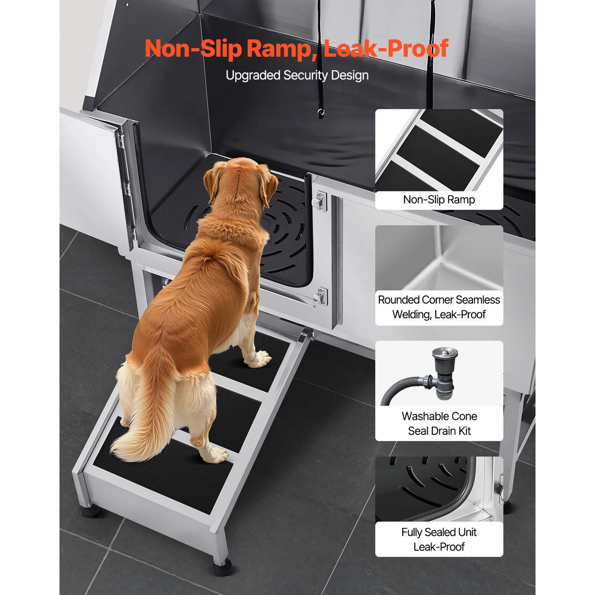SucceBuy Stainless Steel Station Pet Tub w/ PE Water Faucet & Showerhead & Soap Bathtub to Large & Medium & Small Pets