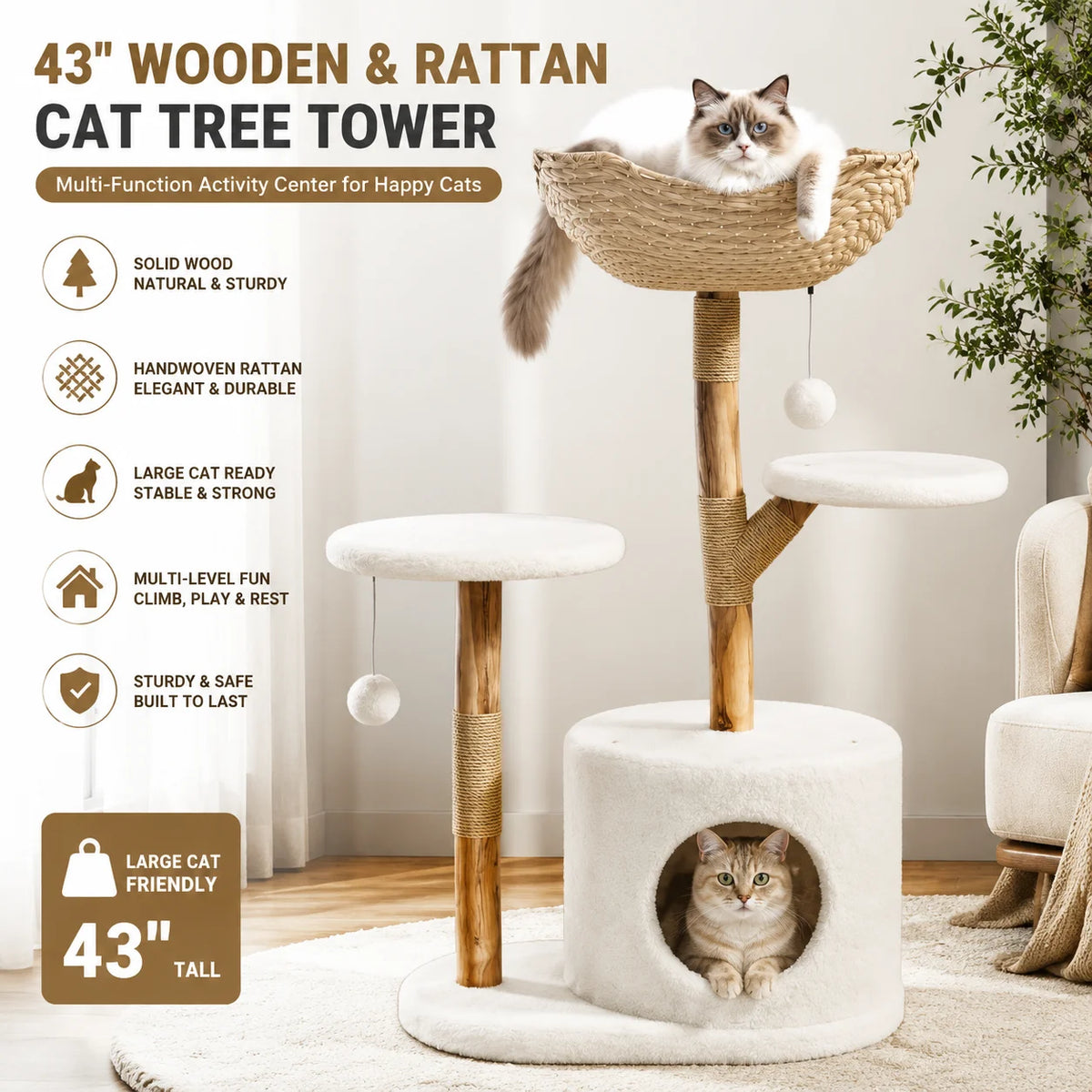Sturdy 43 Inch Wooden Cat Tree With Rattan Climbing Tower For Large Cats