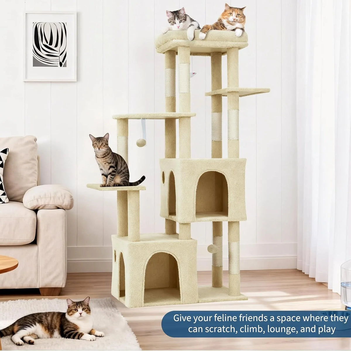 Sturdy 61 Inch Cat Tree With Cozy Condos And Stable Base For Large Cats