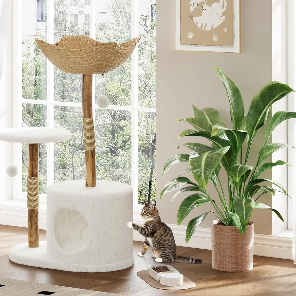 Sturdy 43 Inch Wooden Cat Tree With Rattan Climbing Tower For Large Cats