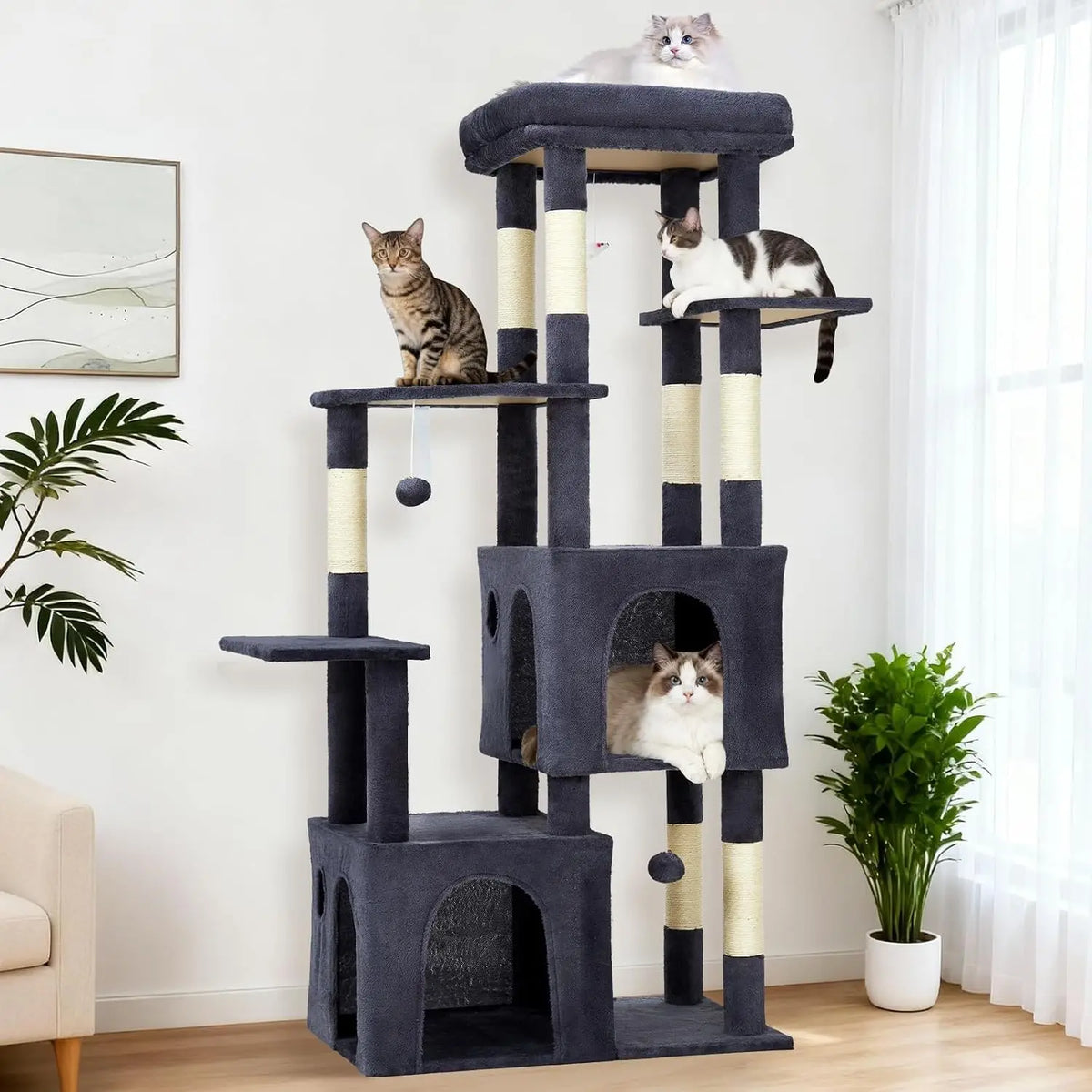 Sturdy 61 Inch Cat Tree With Cozy Condos And Stable Base For Large Cats
