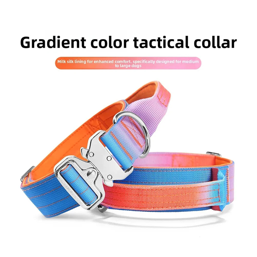 Tactical Dog Collar with Handle, Heavy‑Duty Nylon Adjustable Training Collar with Metal D‑Ring, Gradient Color for Medium to Large Dogs Outdoor Walking Hiking