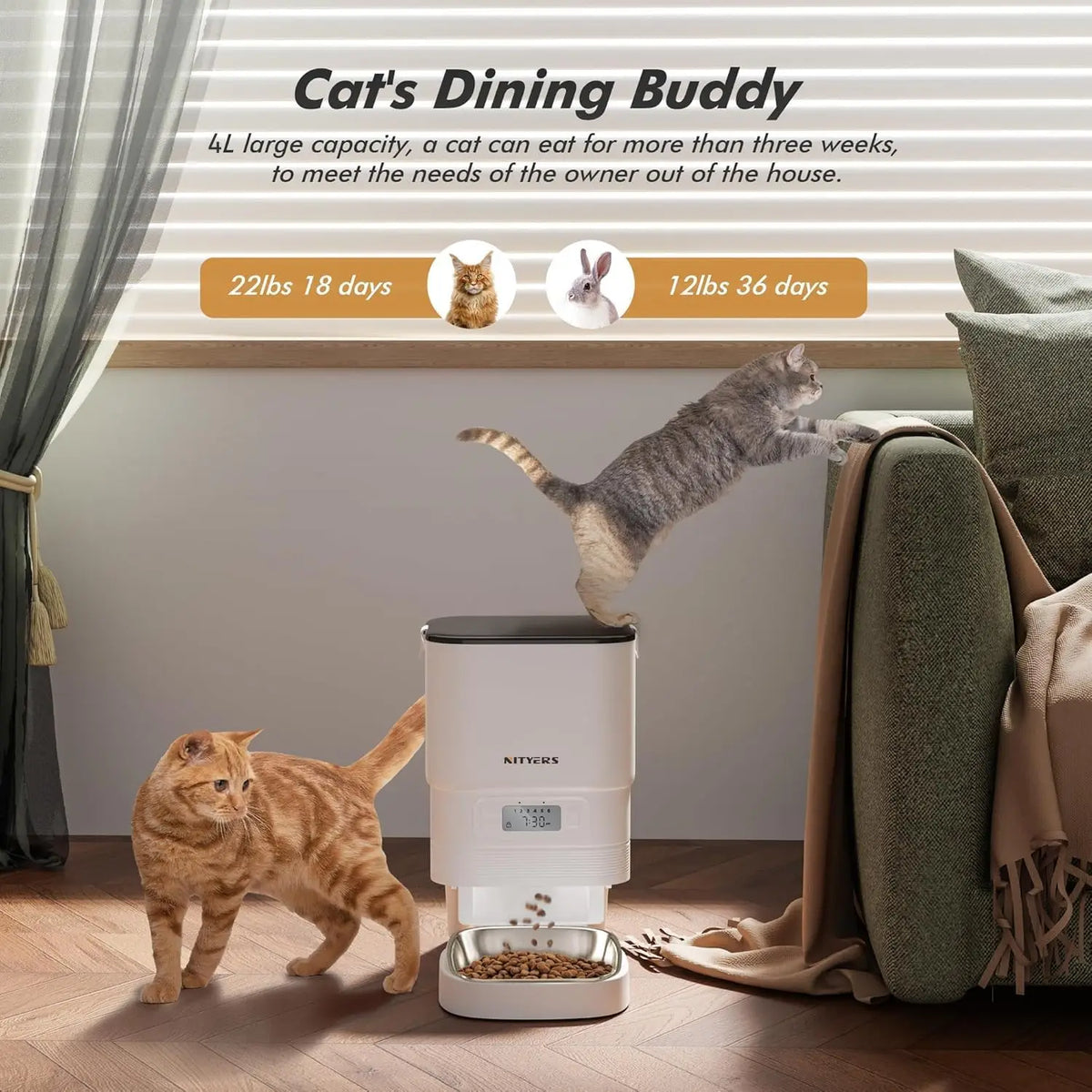 Nityers 4.5L Automatic Cat Feeder Voice Recorder Steel Bowl