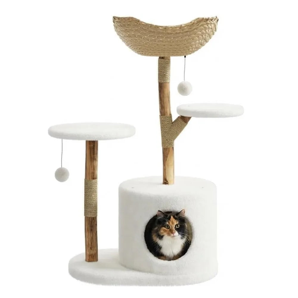 Sturdy 43 Inch Wooden Cat Tree With Rattan Climbing Tower For Large Cats