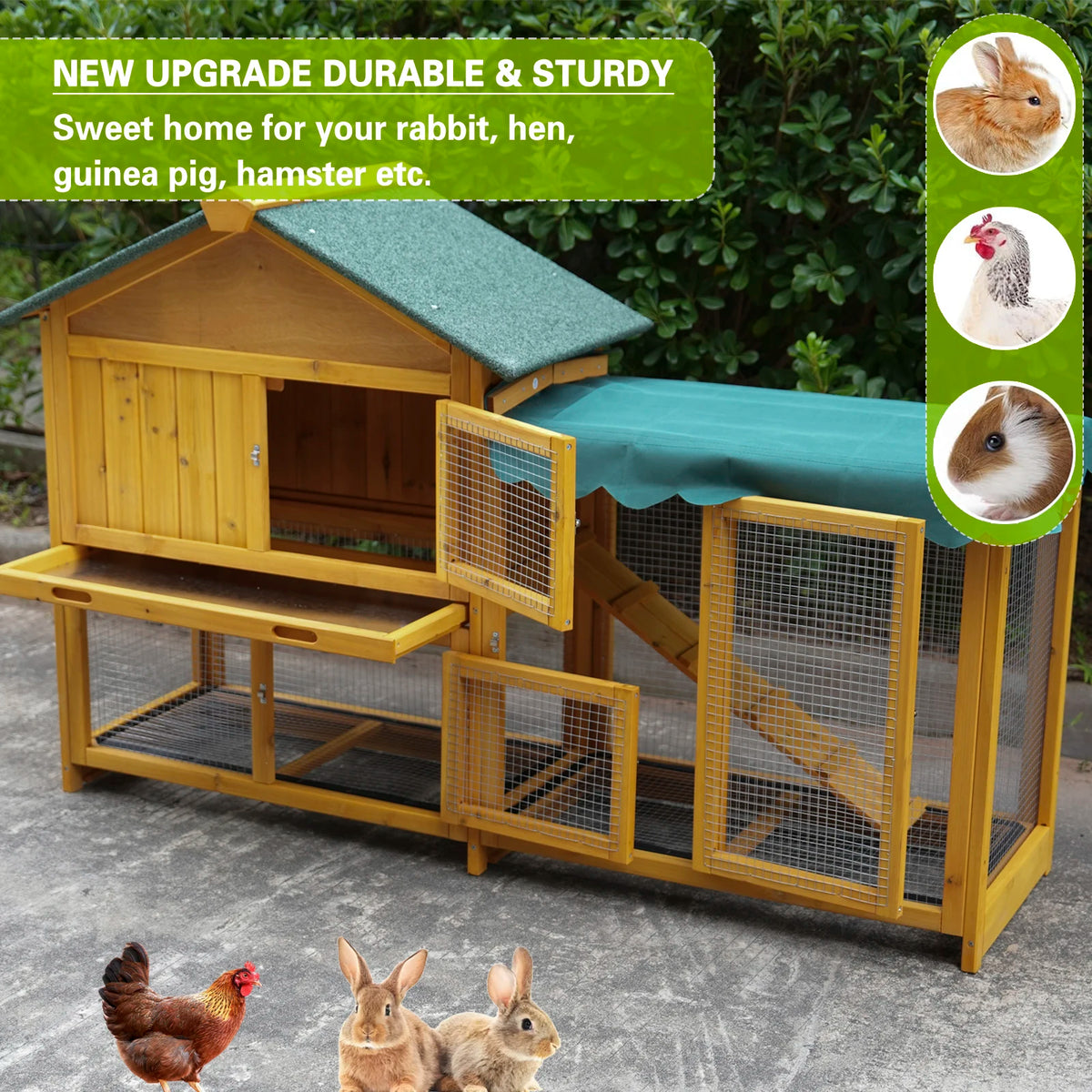 Spacious Outdoor Rabbit Hutch With Easy Clean Tray For Pets