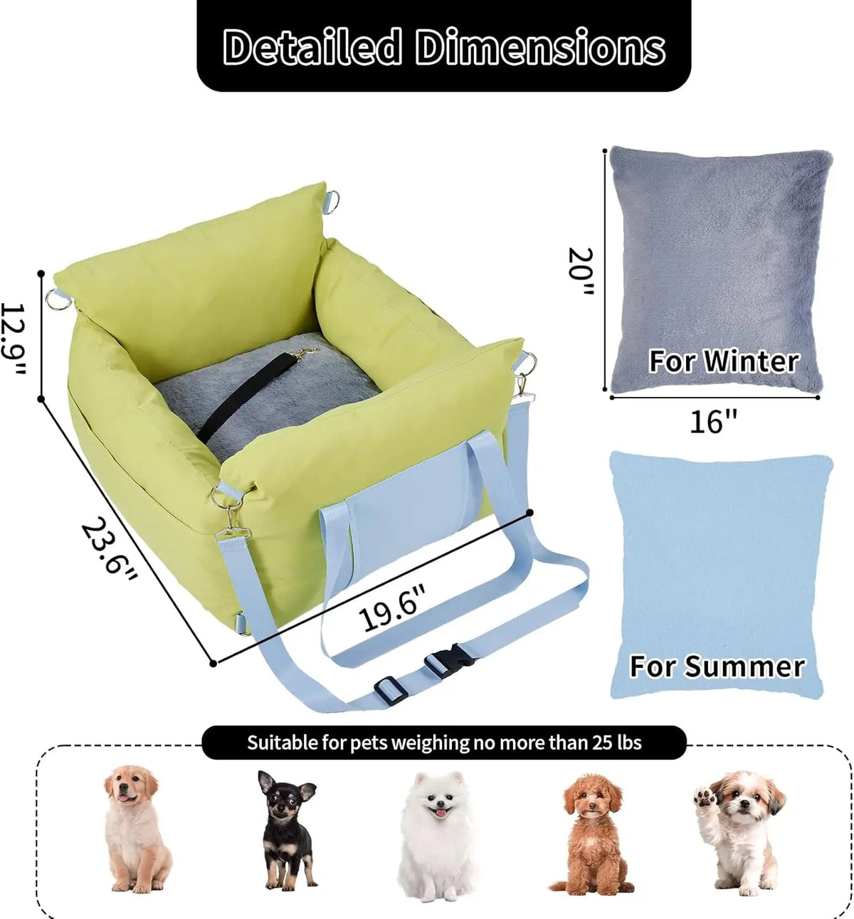 Thickened Comfort Bed Travel Carrier Car Seat for Small Dogs,Waterproof Pet Booster Seat with Safety Leash & Storage Pockets