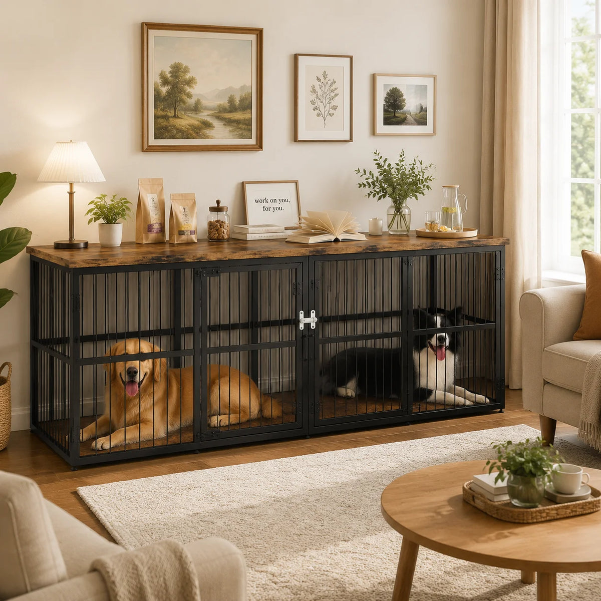 Heavy Duty Double Dog Crate Furniture With Divider For Two Dogs