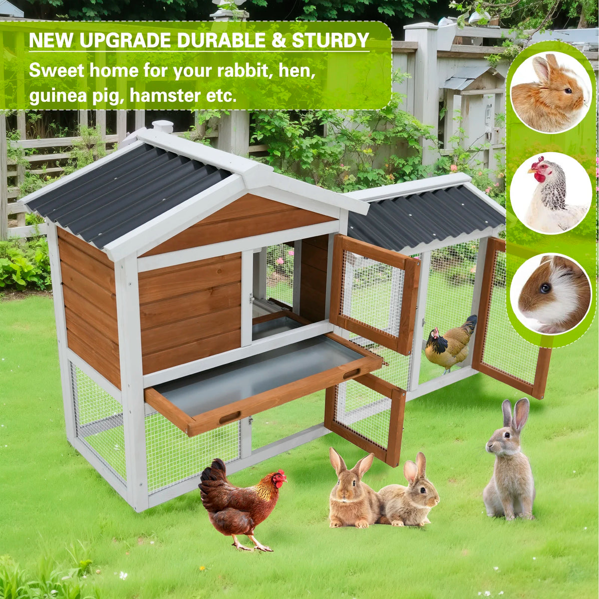 Sturdy 2 Tier Rabbit Hutch With Waterproof Roof And Metal Tray For Small Pets