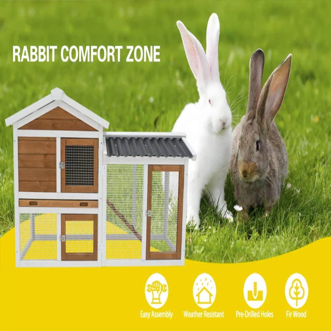 Sturdy 2 Tier Rabbit Hutch With Waterproof Roof And Metal Tray For Small Pets