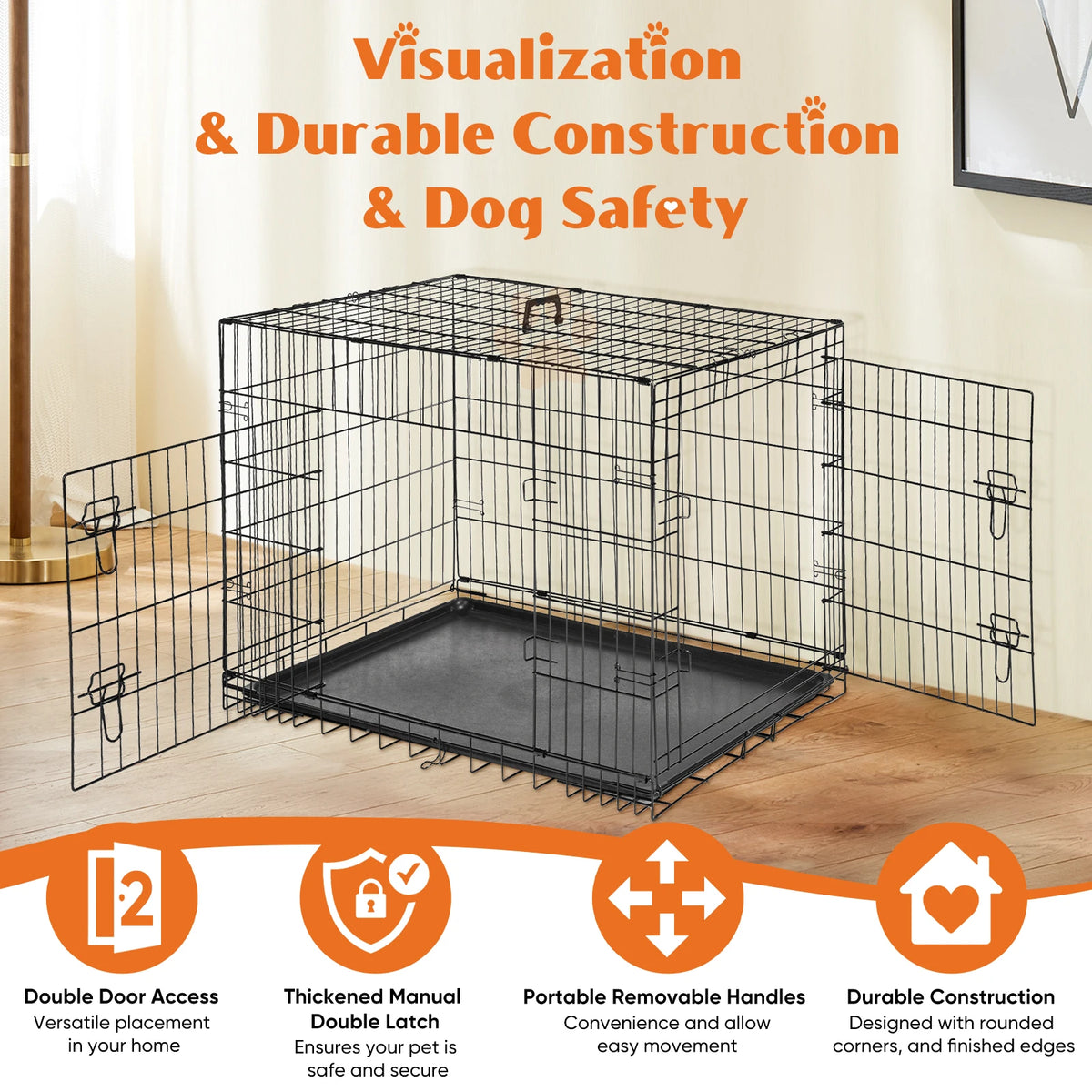 JHK Extra Large Double Door Dog Crate Folding Kennel With Leak Proof Tray For Dogs