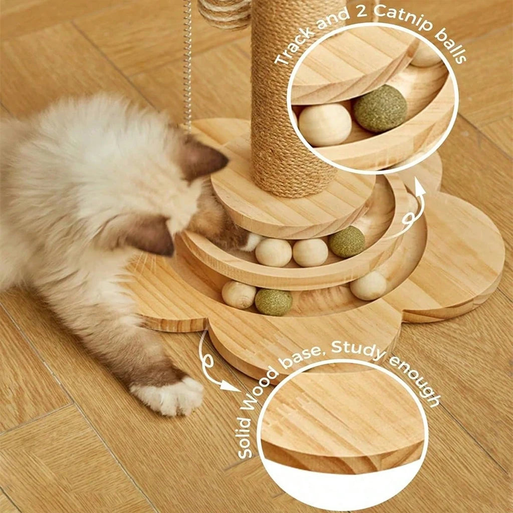 Wooden Cat Scratcher With Ball Track And Feather Toy