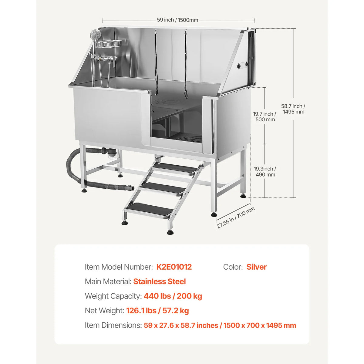 SucceBuy Stainless Steel Station Pet Tub w/ PE Water Faucet & Showerhead & Soap Bathtub to Large & Medium & Small Pets