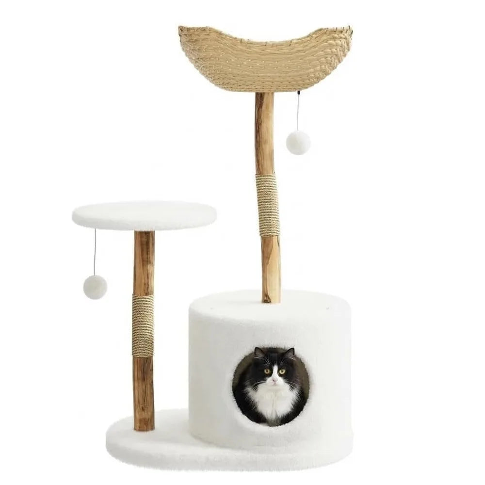 Sturdy 43 Inch Wooden Cat Tree With Rattan Climbing Tower For Large Cats