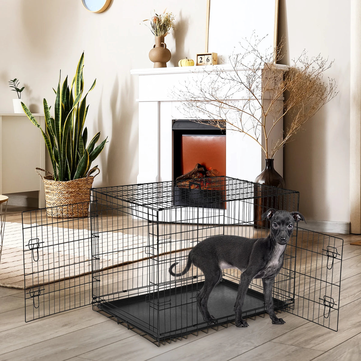 JHK Extra Large Double Door Dog Crate Folding Kennel With Leak Proof Tray For Dogs