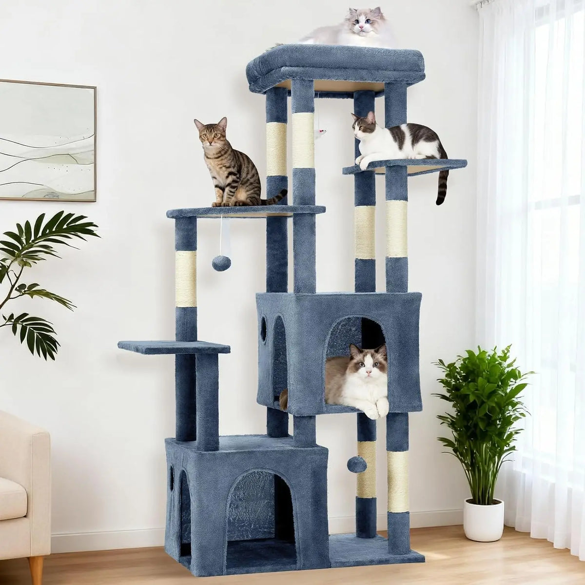 Sturdy 61 Inch Cat Tree With Cozy Condos And Stable Base For Large Cats