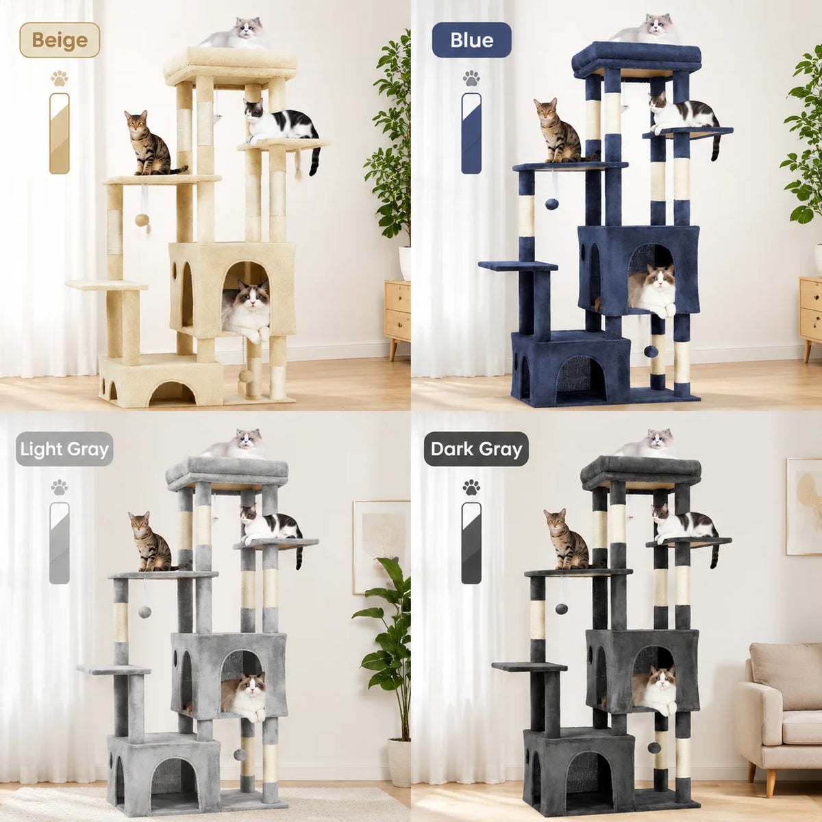 Sturdy 61 Inch Cat Tree With Cozy Condos And Stable Base For Large Cats