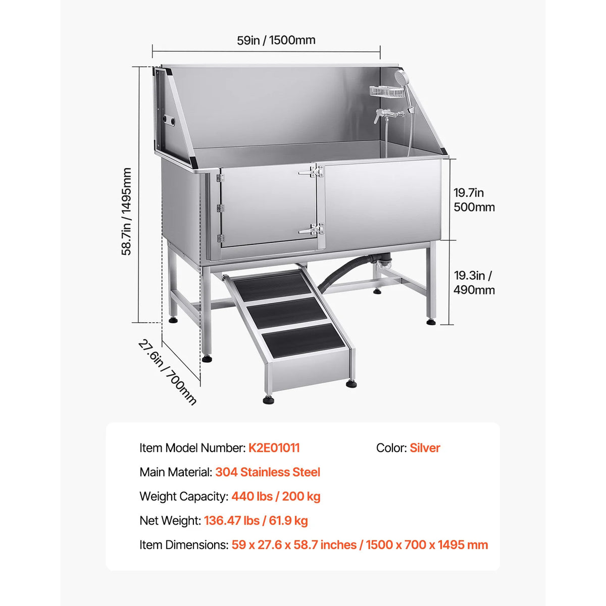 SucceBuy Stainless Steel Station Pet Tub w/ PE Water Faucet & Showerhead & Soap Bathtub to Large & Medium & Small Pets