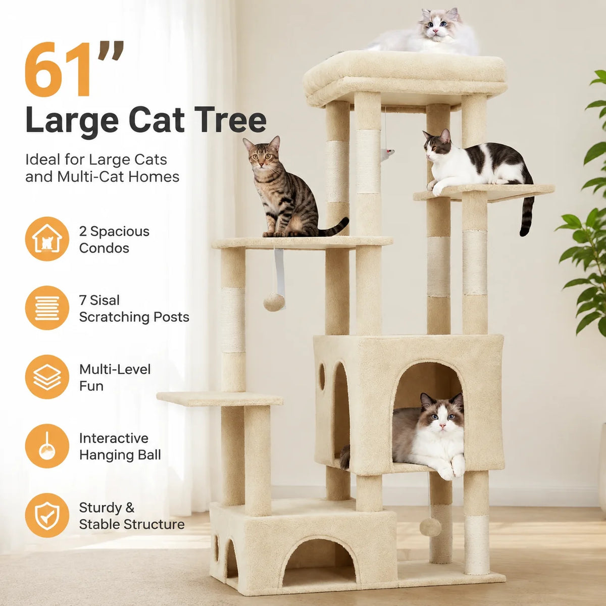 Sturdy 61 Inch Cat Tree With Cozy Condos And Stable Base For Large Cats