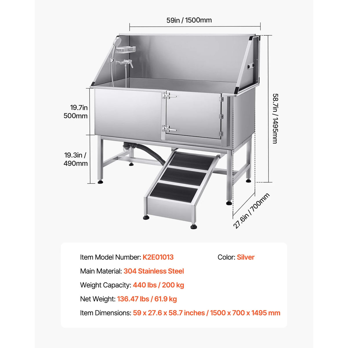 SucceBuy Stainless Steel Station Pet Tub w/ PE Water Faucet & Showerhead & Soap Bathtub to Large & Medium & Small Pets