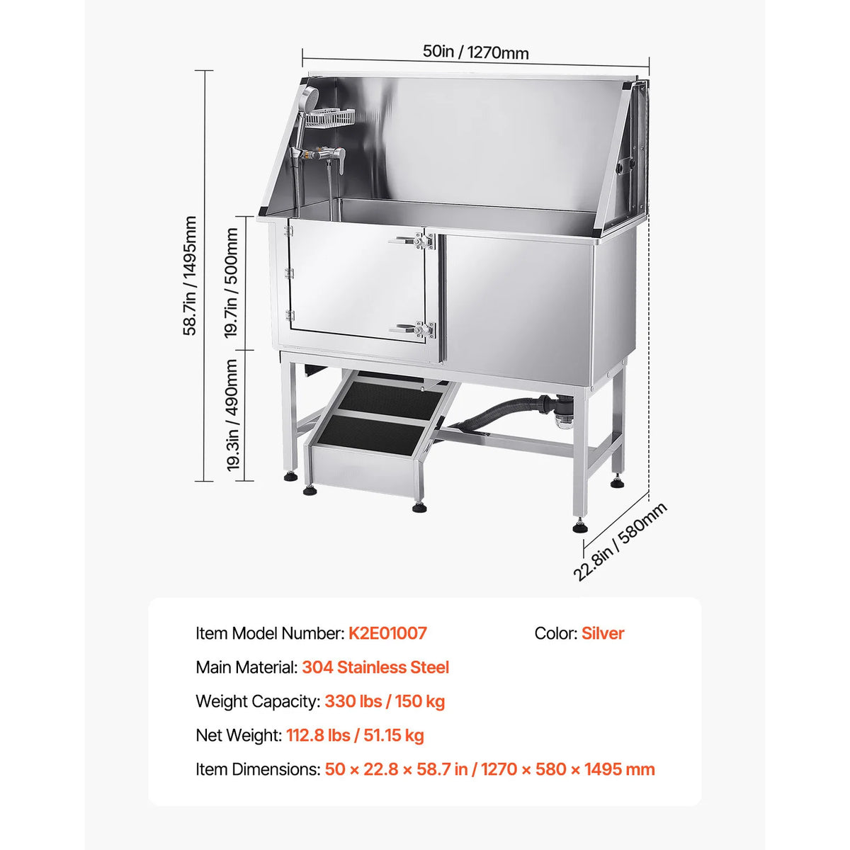 SucceBuy Stainless Steel Station Pet Tub w/ PE Water Faucet & Showerhead & Soap Bathtub to Large & Medium & Small Pets