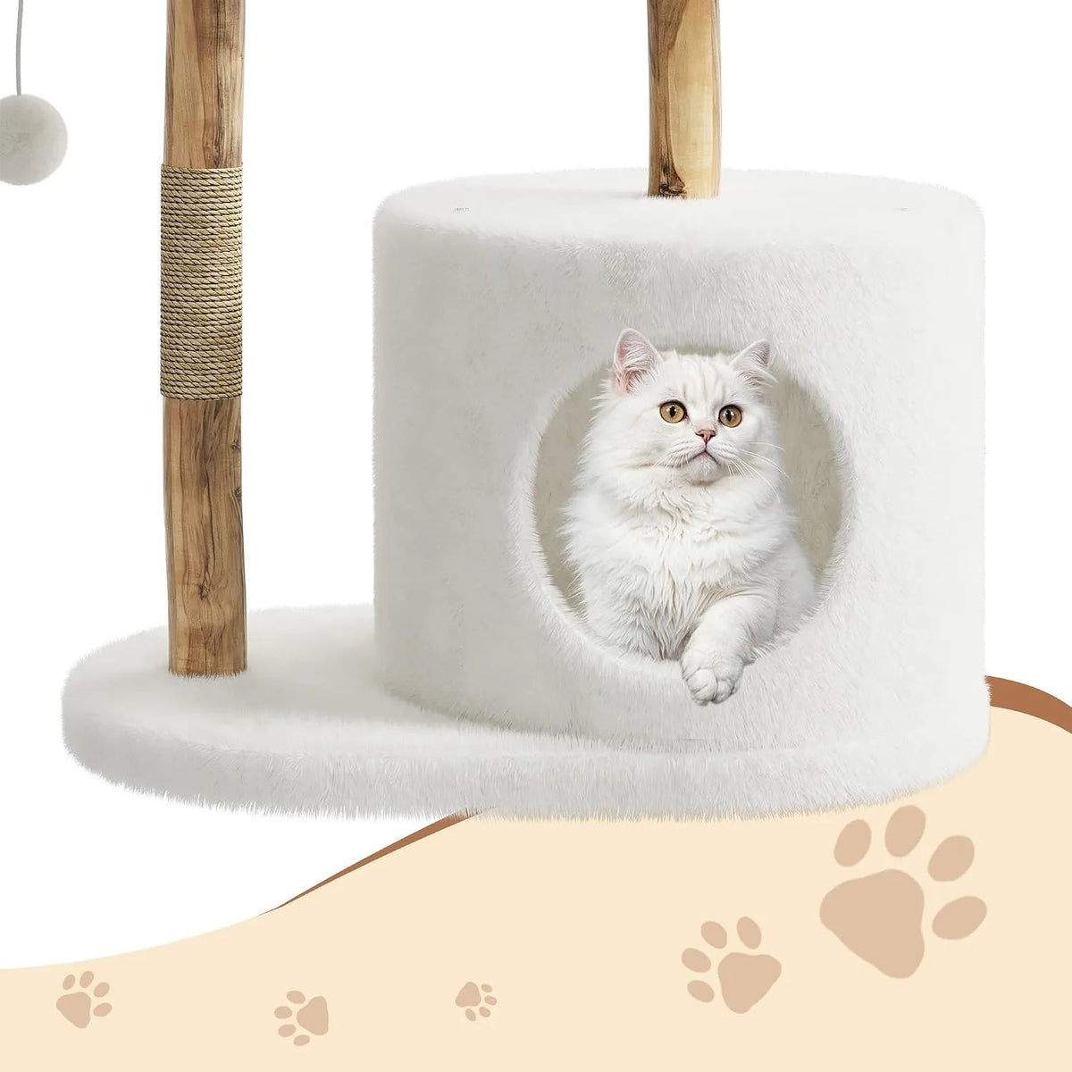 Sturdy 43 Inch Wooden Cat Tree With Rattan Climbing Tower For Large Cats