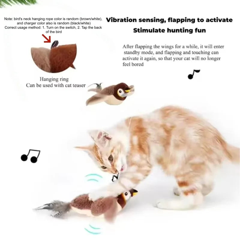 Interactive Chirping Flapping Bird Plush Cat Toy With Touch Activation