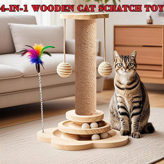 Wooden Cat Scratcher With Ball Track And Feather Toy