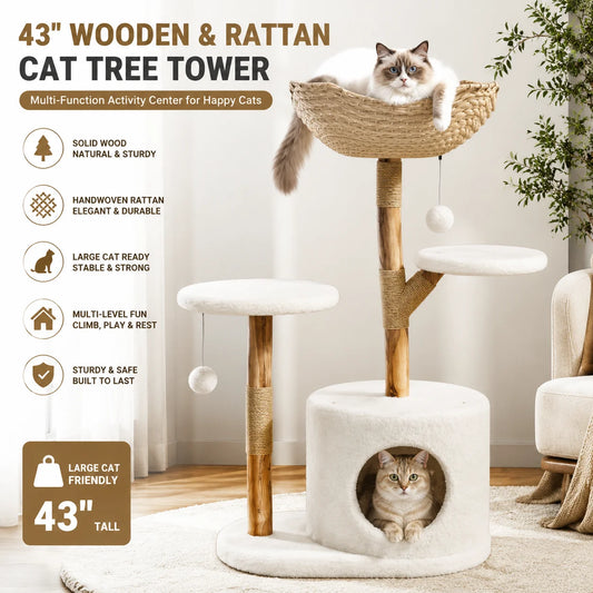 Sturdy 43 Inch Wooden Cat Tree With Rattan Climbing Tower For Large Cats