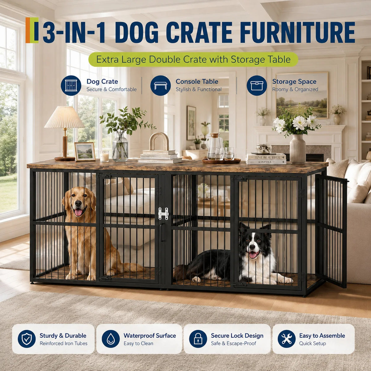 Elegant Dog Crate Furniture With Divider And Storage Top For Two Pets