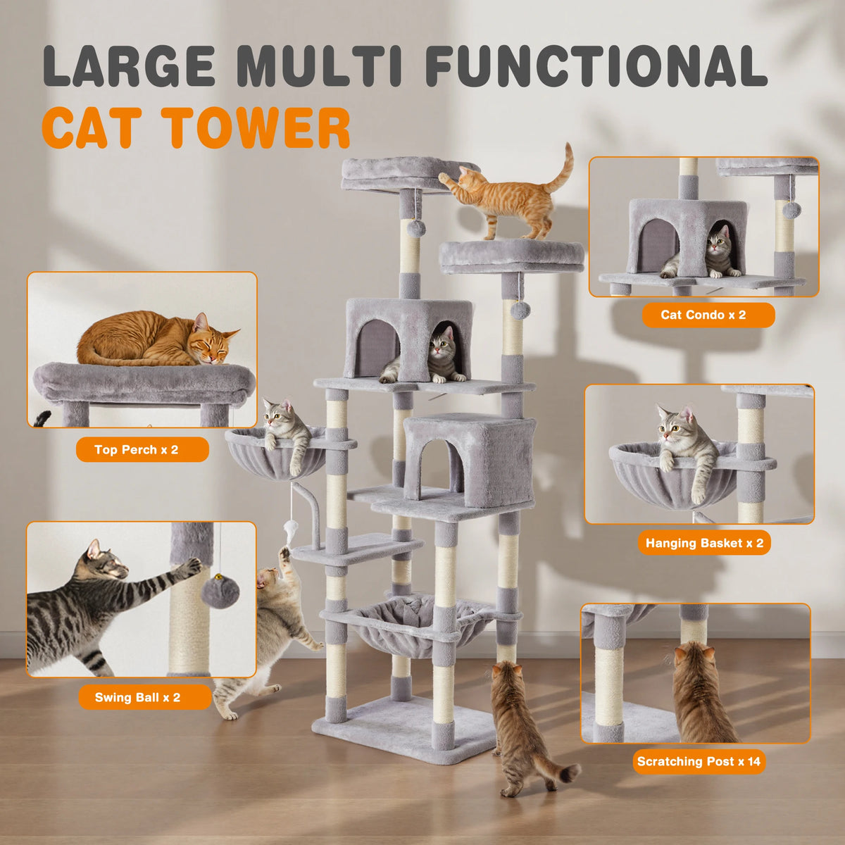 JHK 71In Premium Cat Tree With Secure Base For Indoor Cats