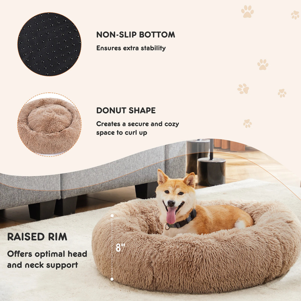 Jhk Calming Dog Bed Washable Anti Slip Faux Fur Medium Dogs