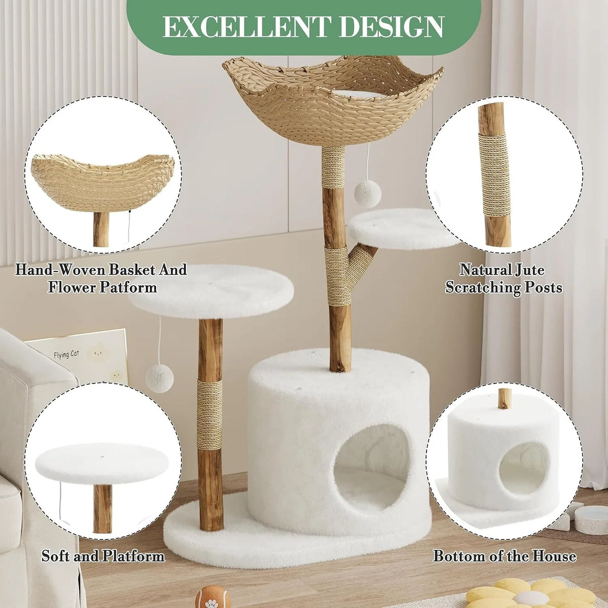 Sturdy 43 Inch Wooden Cat Tree With Rattan Climbing Tower For Large Cats