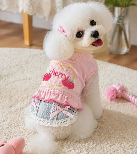 Stylish Frilled Denim Vest Skirt Outfit For Playful Dogs