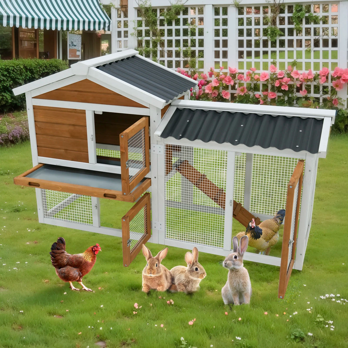 Sturdy 2 Tier Rabbit Hutch With Waterproof Roof And Metal Tray For Small Pets