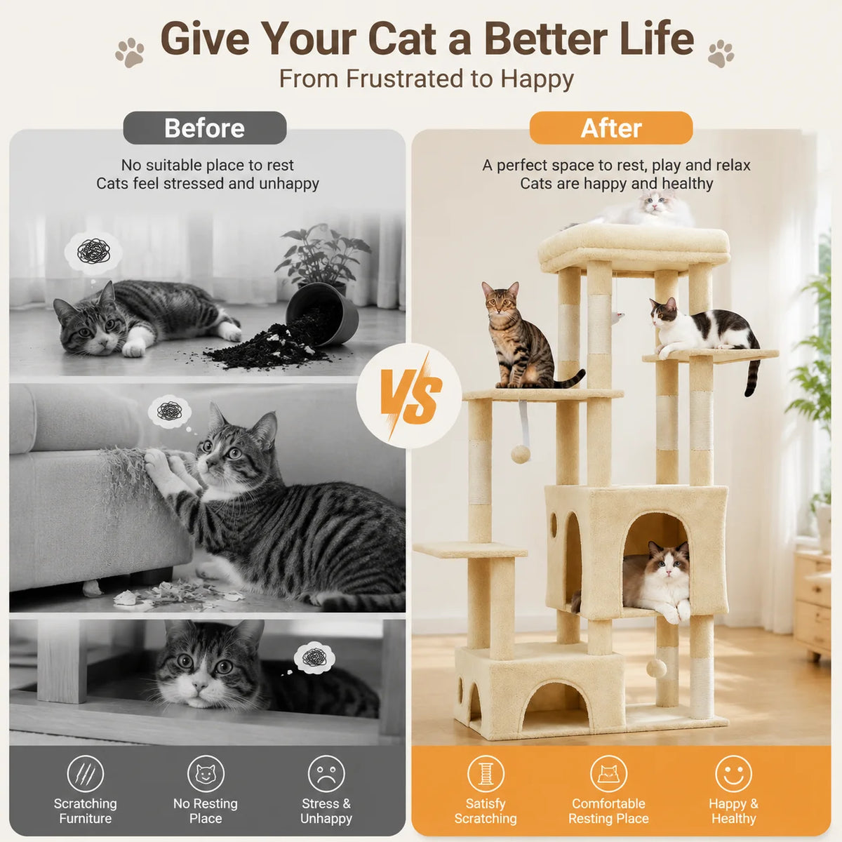 Sturdy 61 Inch Cat Tree With Cozy Condos And Stable Base For Large Cats