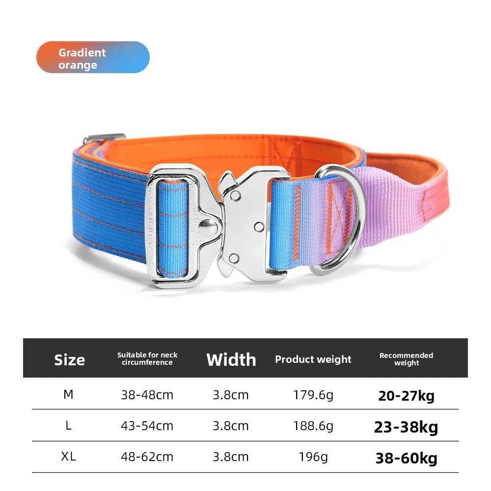 Tactical Dog Collar with Handle, Heavy‑Duty Nylon Adjustable Training Collar with Metal D‑Ring, Gradient Color for Medium to Large Dogs Outdoor Walking Hiking