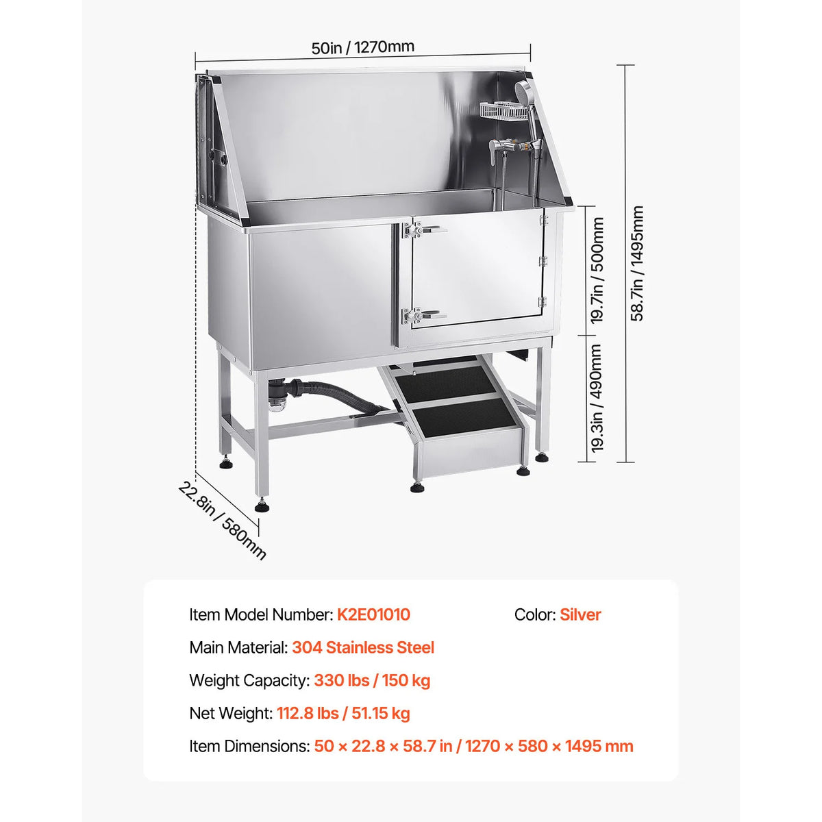 SucceBuy Stainless Steel Station Pet Tub w/ PE Water Faucet & Showerhead & Soap Bathtub to Large & Medium & Small Pets