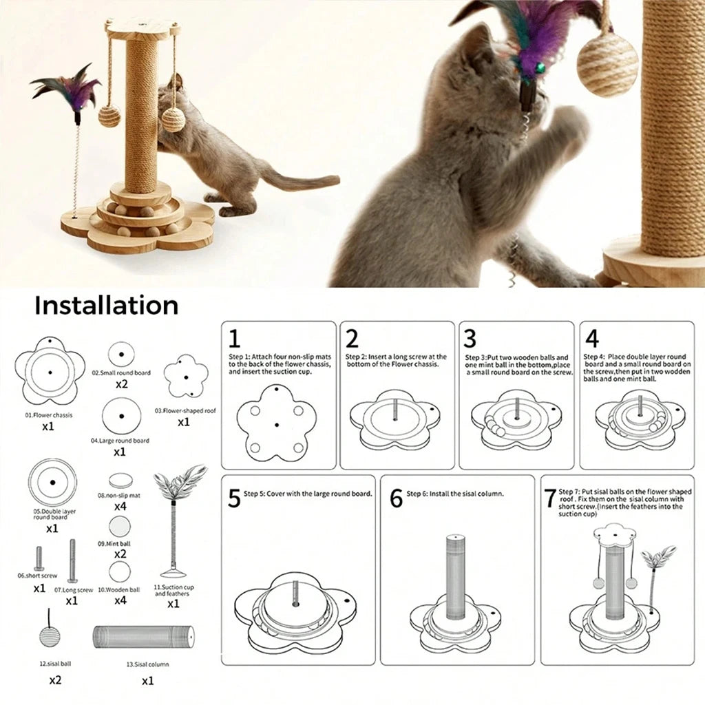 Wooden Cat Scratcher With Ball Track And Feather Toy