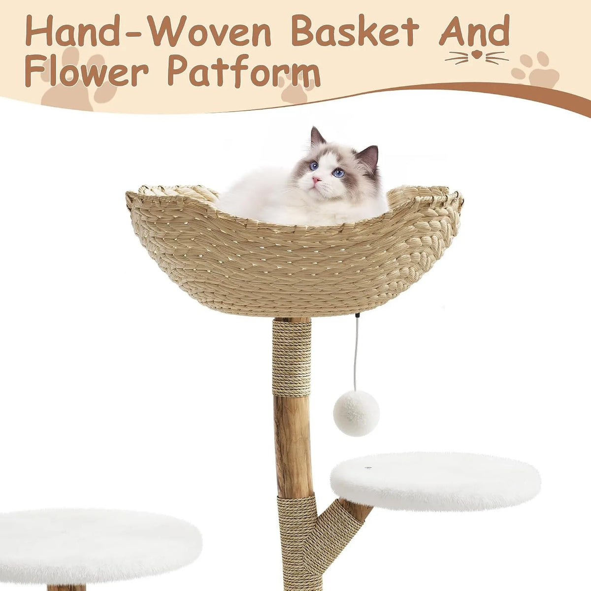 Sturdy 43 Inch Wooden Cat Tree With Rattan Climbing Tower For Large Cats
