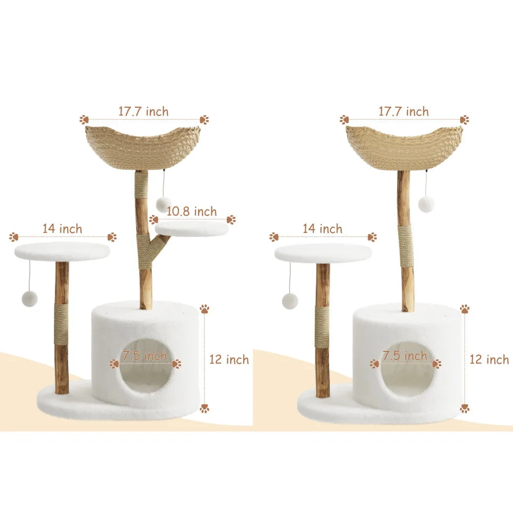 Sturdy 43 Inch Wooden Cat Tree With Rattan Climbing Tower For Large Cats