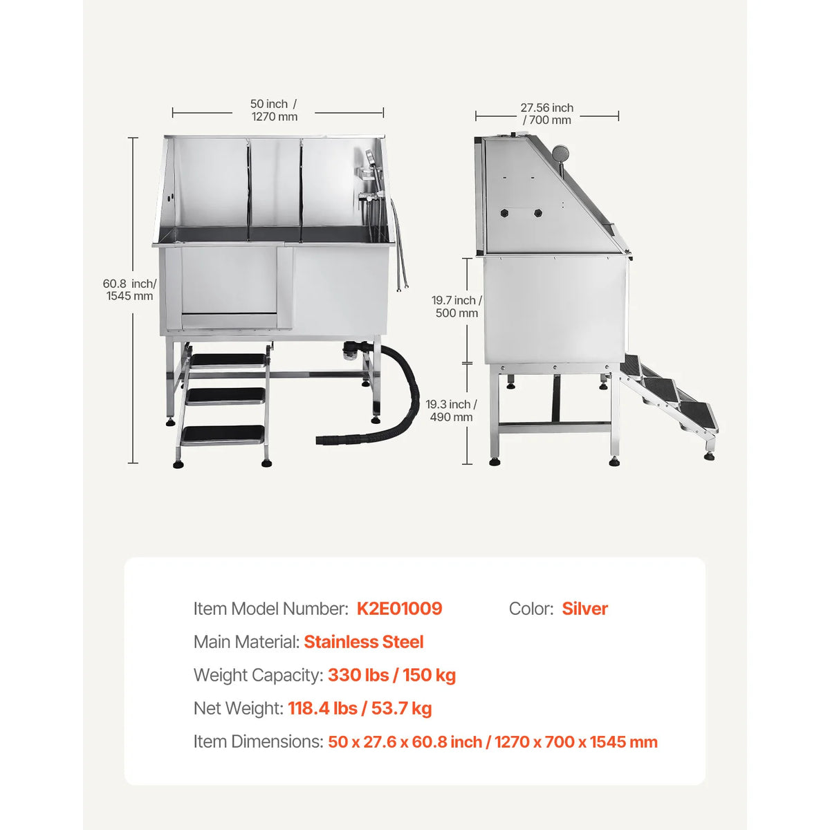 SucceBuy Stainless Steel Station Pet Tub w/ PE Water Faucet & Showerhead & Soap Bathtub to Large & Medium & Small Pets