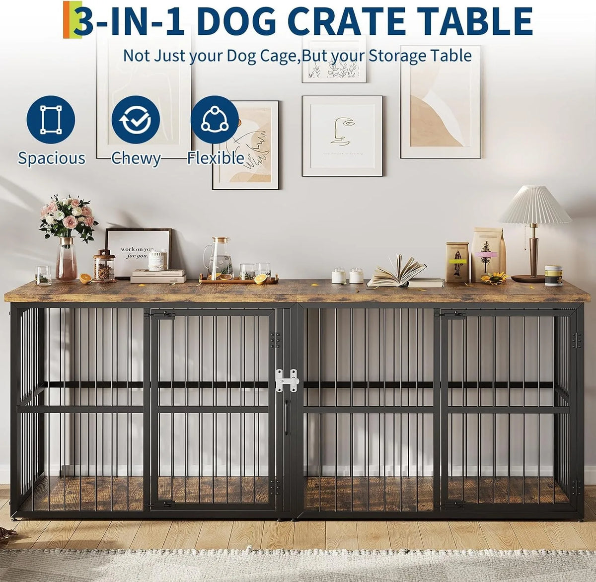 Elegant Dog Crate Furniture With Divider And Storage Top For Two Pets