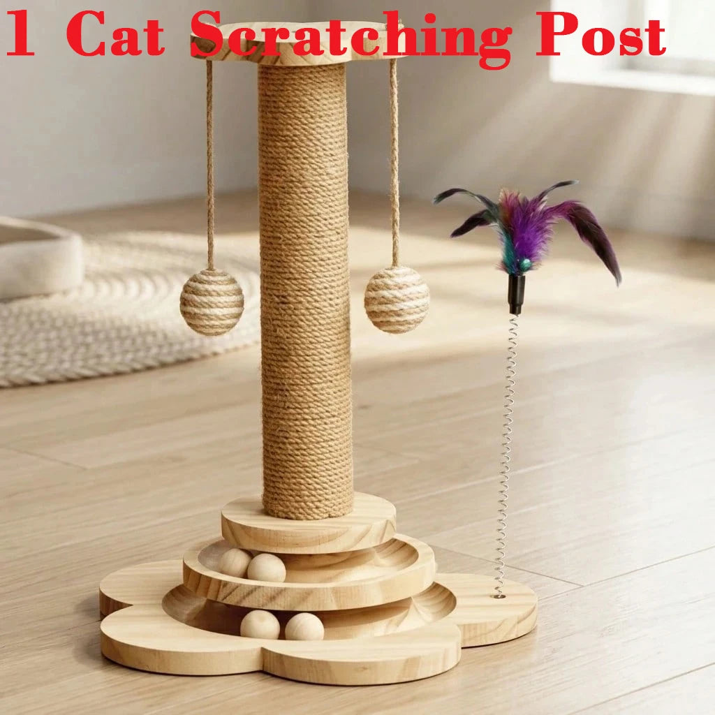 Wooden Cat Scratcher With Ball Track And Feather Toy