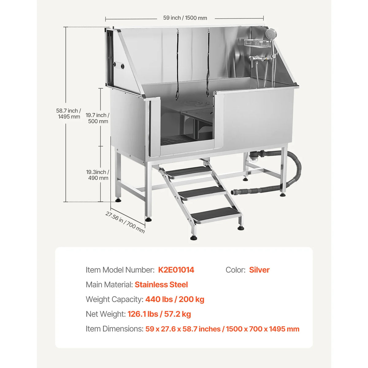 SucceBuy Stainless Steel Station Pet Tub w/ PE Water Faucet & Showerhead & Soap Bathtub to Large & Medium & Small Pets