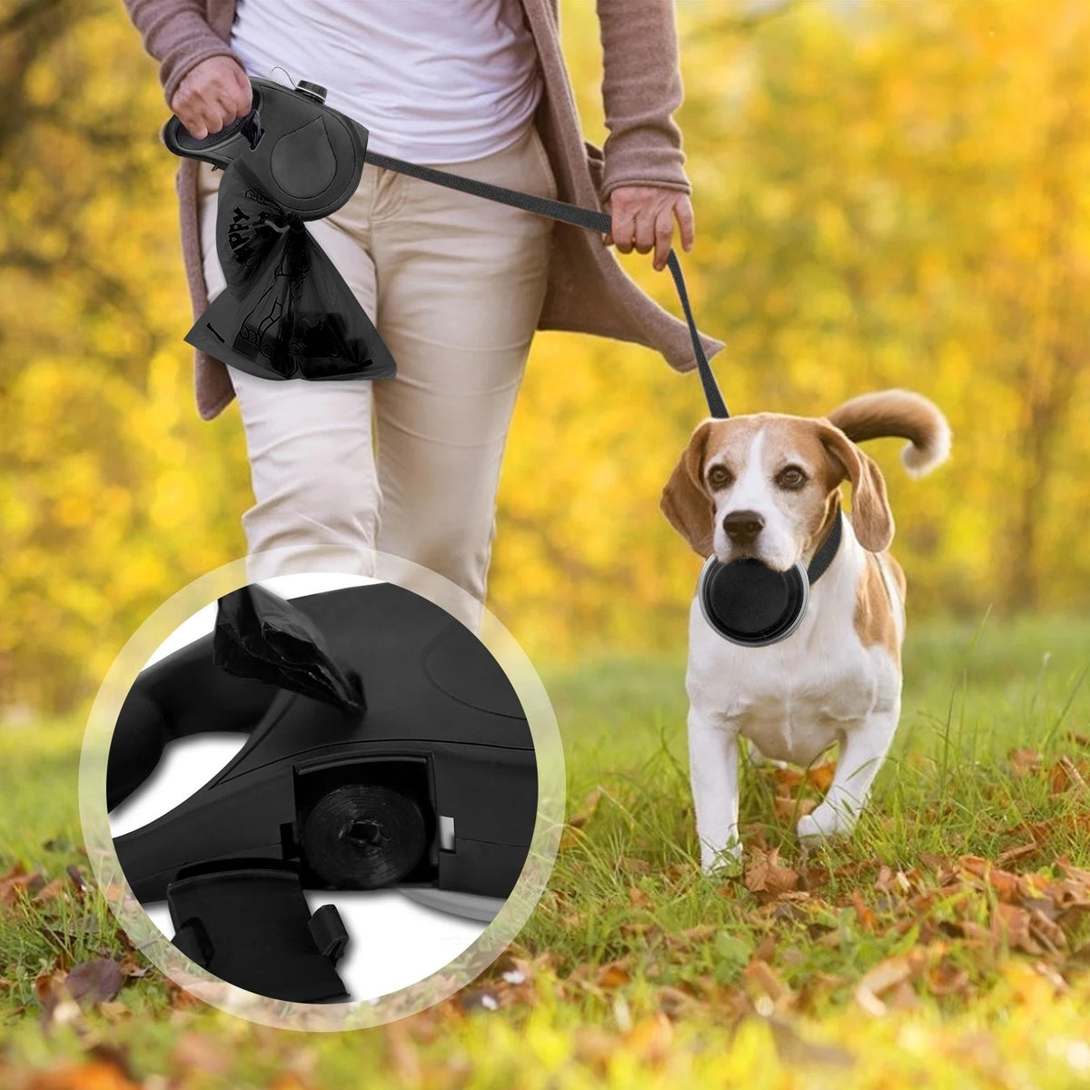 Essential Dog Leash For Walkers With Built In Water Bowl And Waste Bag Holder