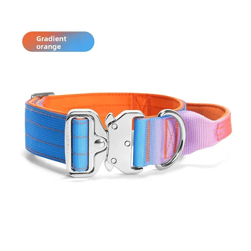 Tactical Dog Collar with Handle, Heavy‑Duty Nylon Adjustable Training Collar with Metal D‑Ring, Gradient Color for Medium to Large Dogs Outdoor Walking Hiking